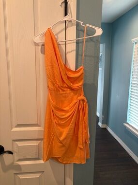 One-Shoulder Orange Draped Mini Dress with Side Knot